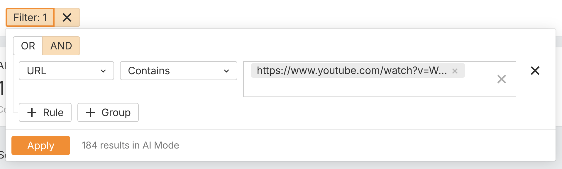 Ahrefs Brand Radar URL filter showing search for specific YouTube video URL (https://www.youtube.com/watch?v=W...) returning 184 results in AI Mode