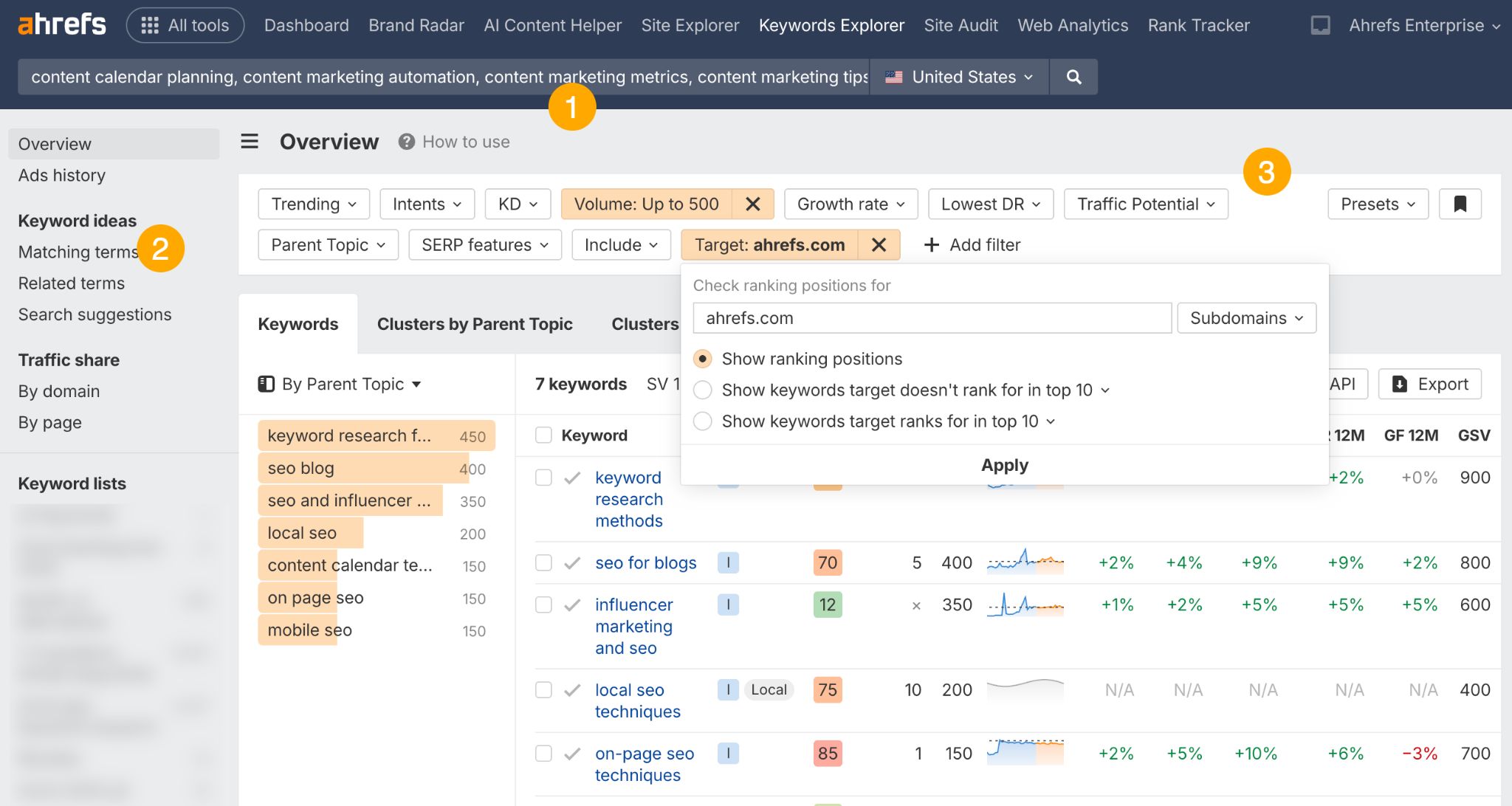 Ahrefs Keywords Explorer screenshot of the 'Matching Terms' report, showing how to filter for low-volume keywords and a target domain to find long-tail content opportunities.