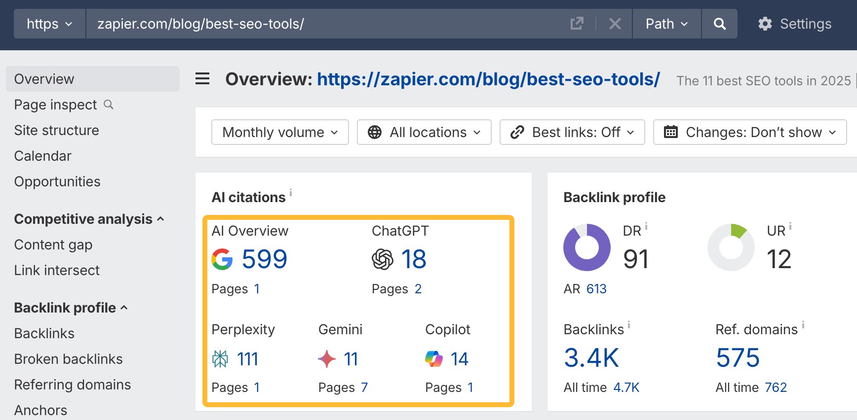Ahrefs Site Explorer screenshot for an external article, demonstrating how to check if a third-party review page is being cited by AI assistants like ChatGPT (18 citations).