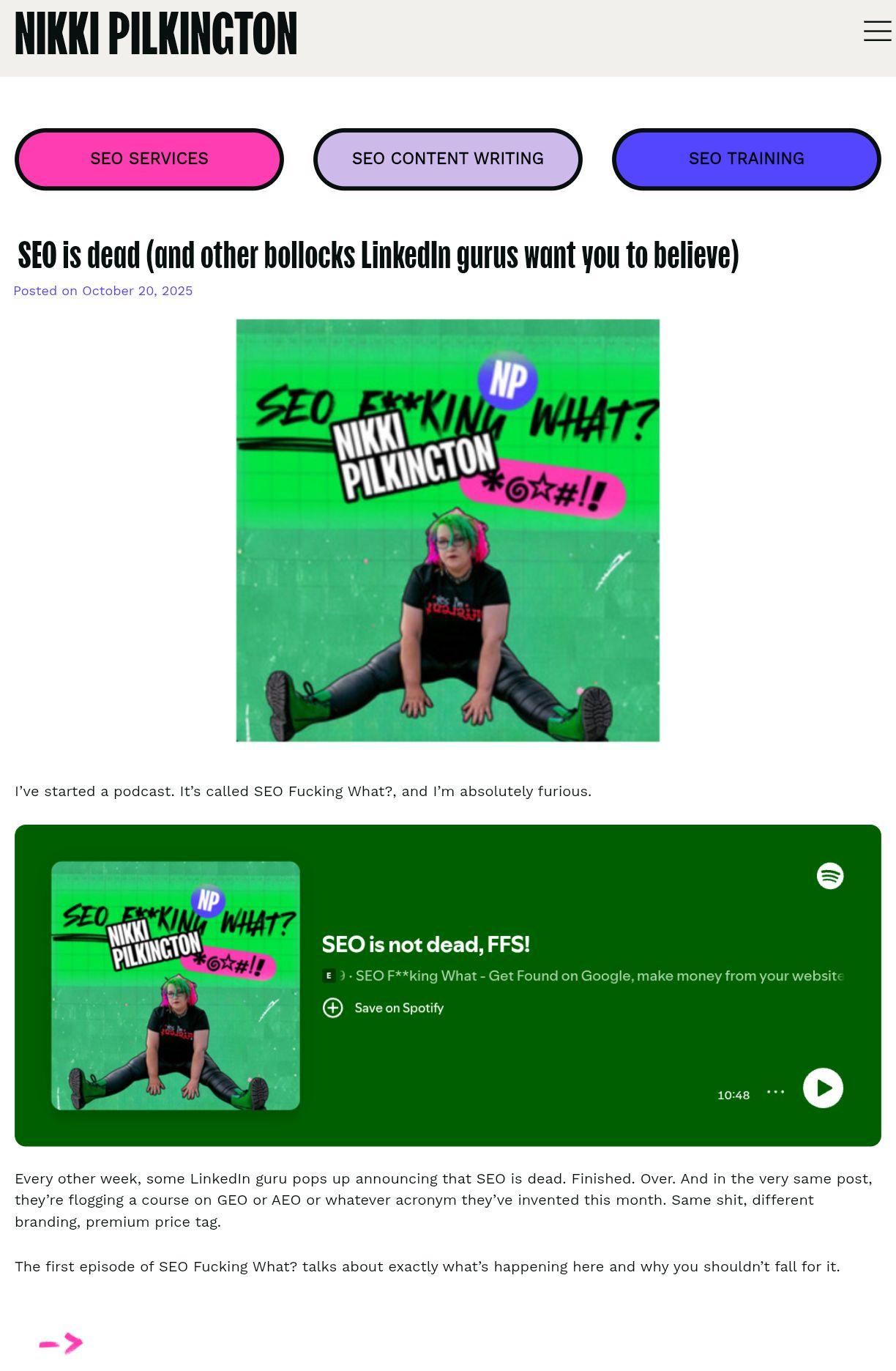 Podcast cover showing Nikki Pilkington sitting on green background with text "SEO F**king What?" and Nikki Pilkington branding