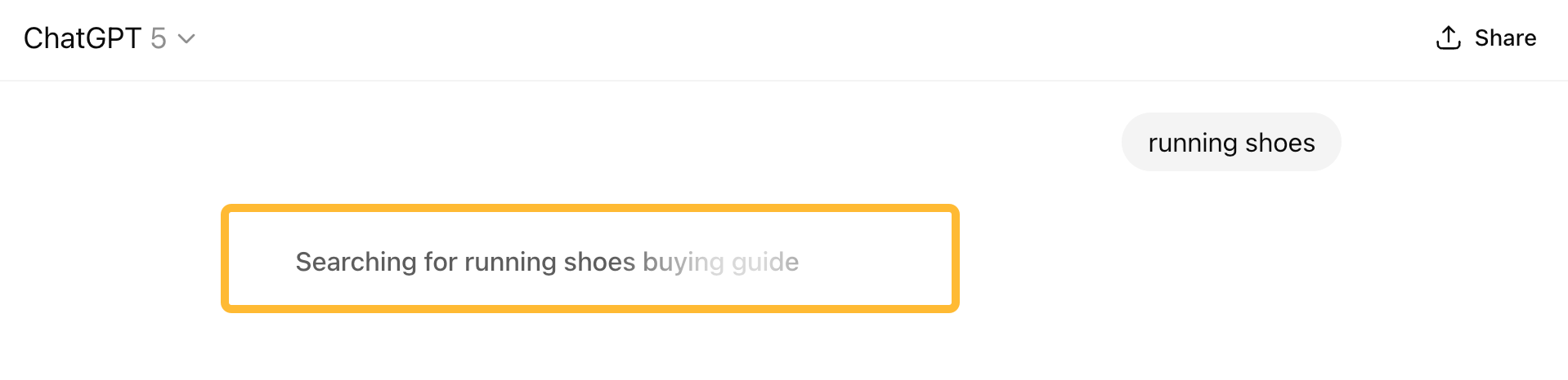 Screenshot of a ChatGPT 5 search for "running shoes" resulting in "Searching for running shoes buying guide" as the underlying intent.