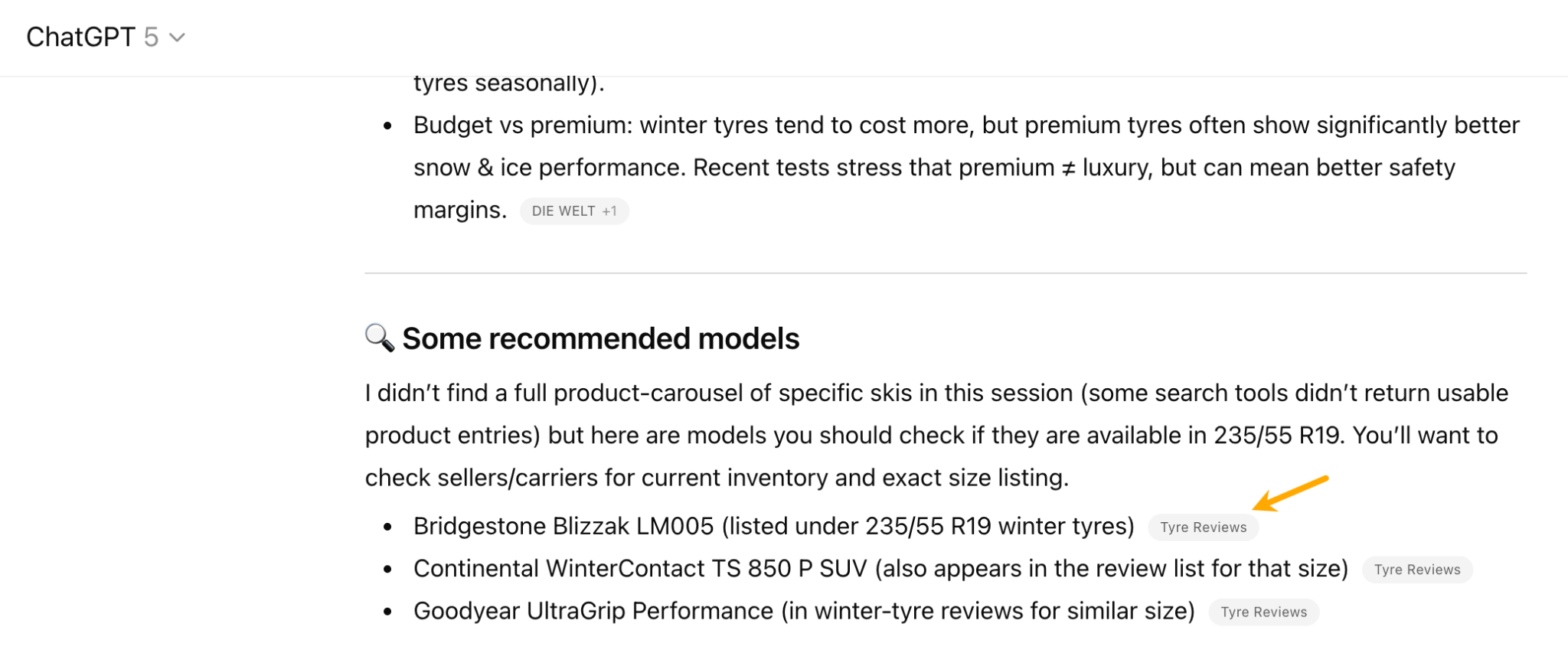 Screenshot of a ChatGPT response recommending specific winter tire models like 'Bridgestone Blizzak LM005' and 'Continental WinterContact TS 850 P SUV.'