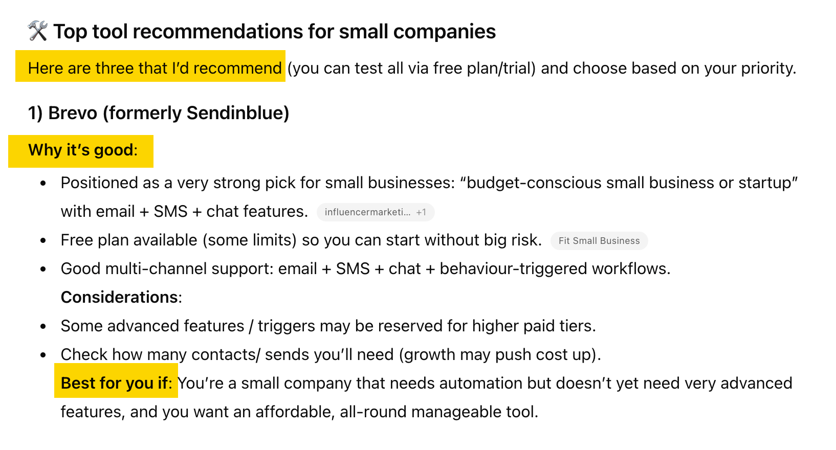 Screenshot of a ChatGPT response recommending the tool 'Brevo' for small companies, highlighting its features and suitability, illustrating how AI provides pre-qualified recommendations.