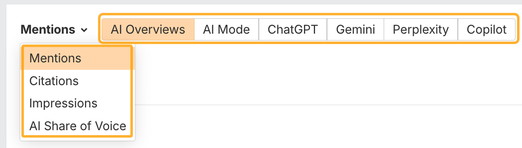 The Overview report in Ahrefs' Brand Radar where you can select which metrics you'd like to see in which AI search platforms, like AI Overviews, ChatGPT, Perplexity and more.