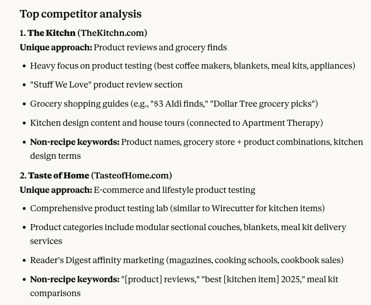 Top competitor analysis of The Kitchn and Taste of Home. Lists their unique approaches and key features/keywords. Focus is product reviews and testing.