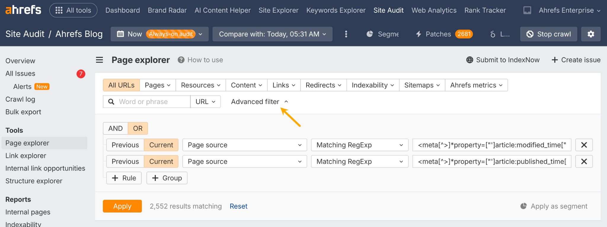 Ahrefs "Page explorer" tool showing advanced filters and search options for URL analysis. Regular expressions are being used for article modification and publish times.