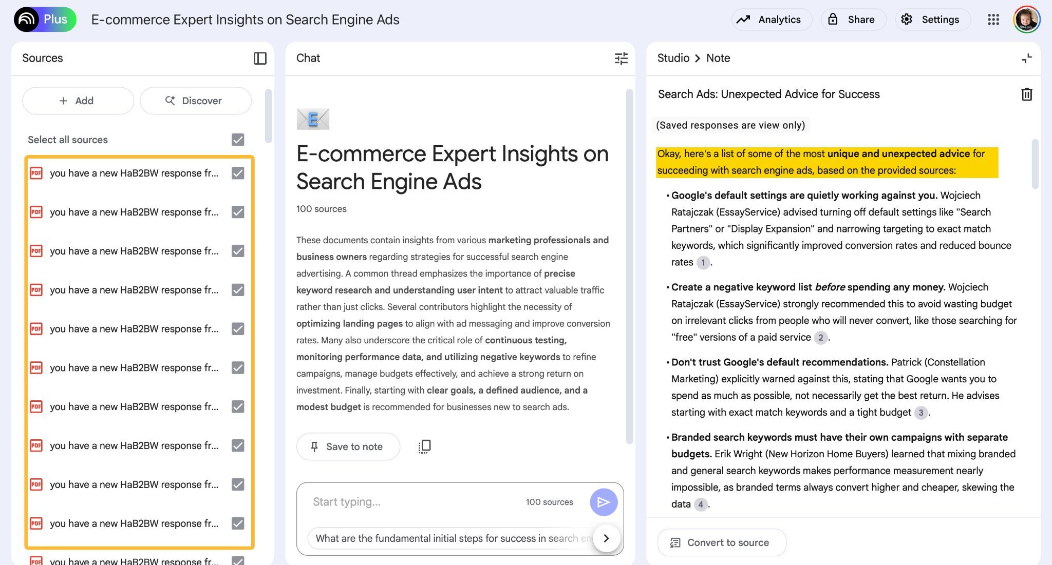 Dashboard showing "E-commerce Expert Insights on Search Engine Ads." Left panel lists sources, center shows ad insights, right panel displays advice.