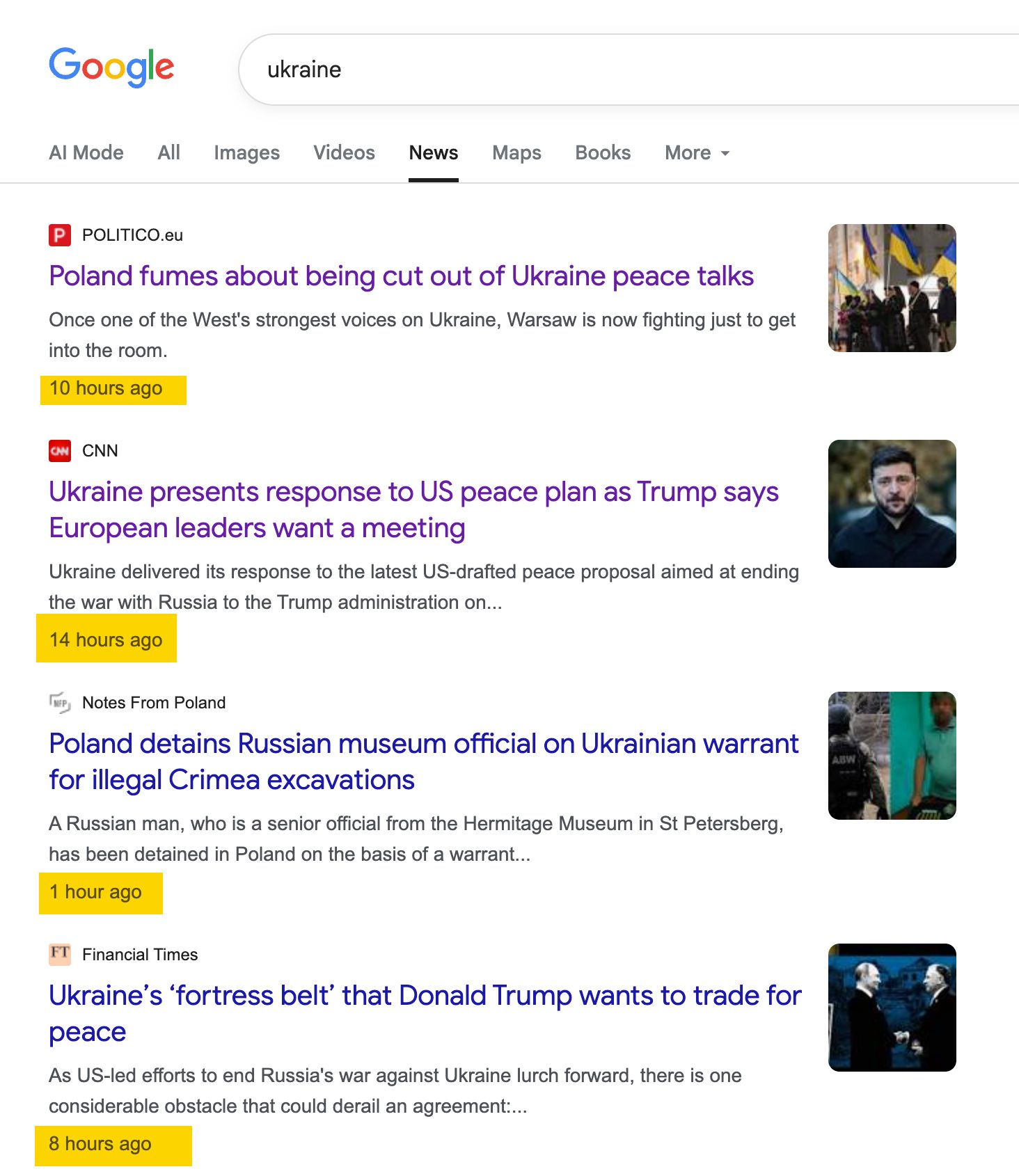 Google search results for "Ukraine" on the news tab. Headlines cover peace talks, detained officials, and political maneuvers.