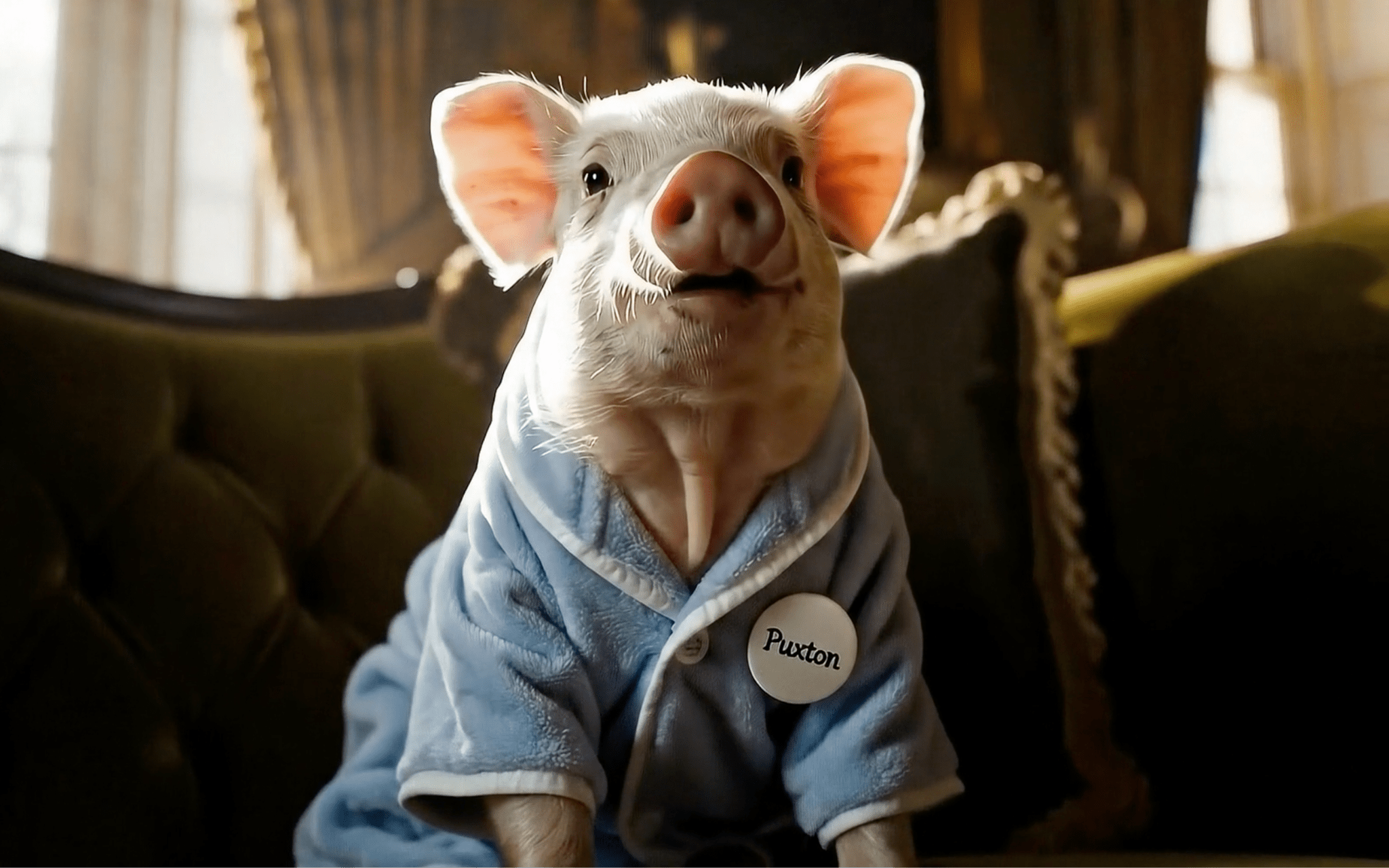 Piglet "Puxton" in blue robe sits on green sofa. Close-up, looking up with soft focus background.