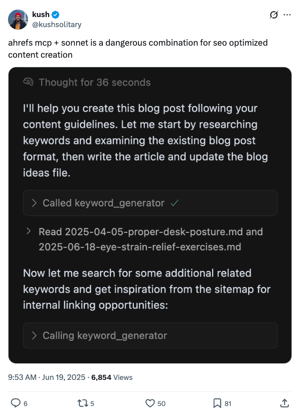 Screenshot of AI assistant creating SEO-optimized blog post by researching keywords, reading existing posts, and checking sitemap for internal linking.