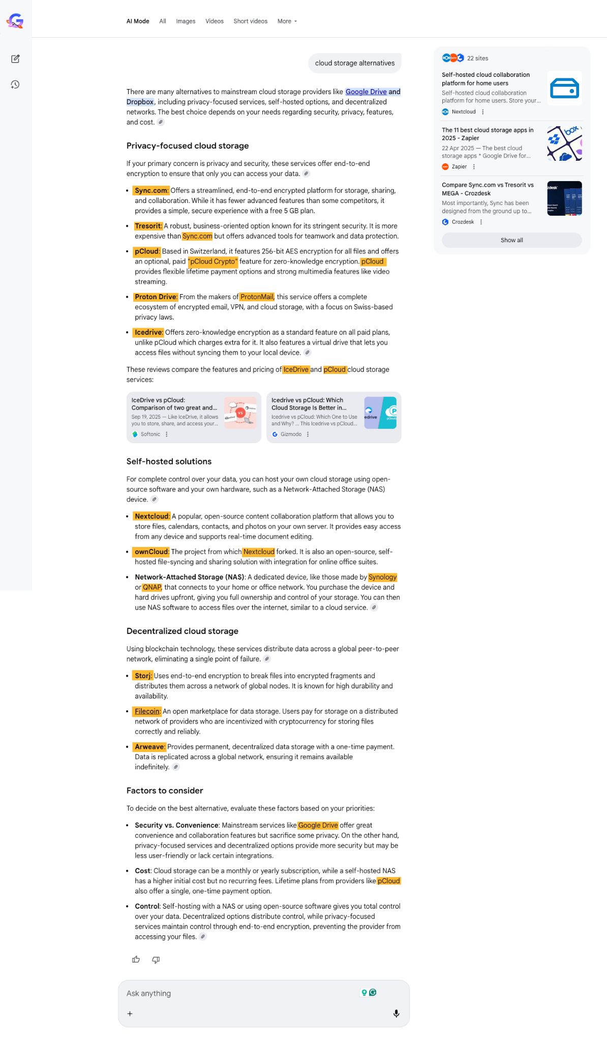 Screenshot of the AI Mode response for "cloud storage alternatives" with over 23 brand mentions starting from the very first sentence.