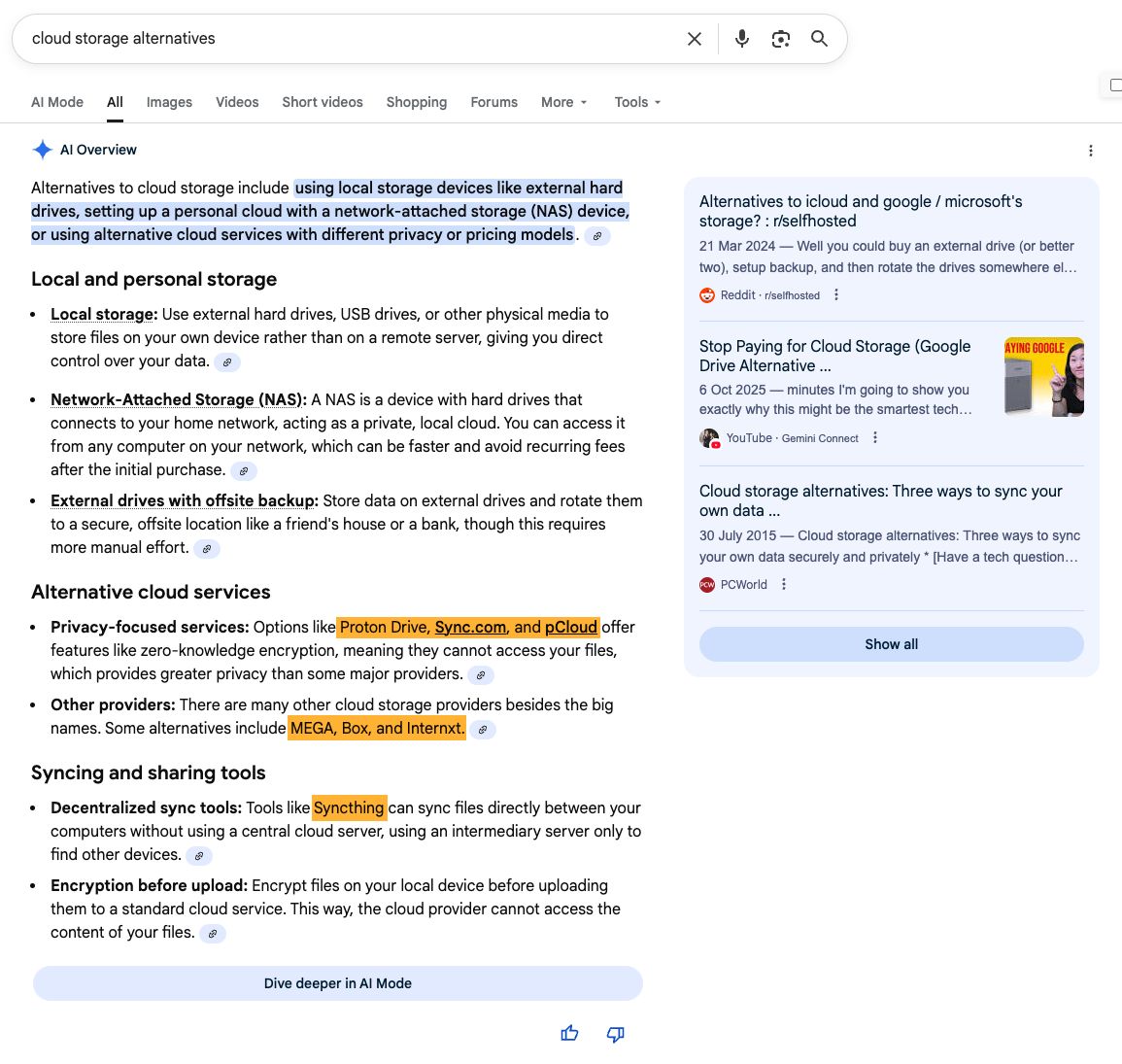 Screenshot of the AI Overview response for "cloud storage alternatives" mentioning seven brands at the end of the response.