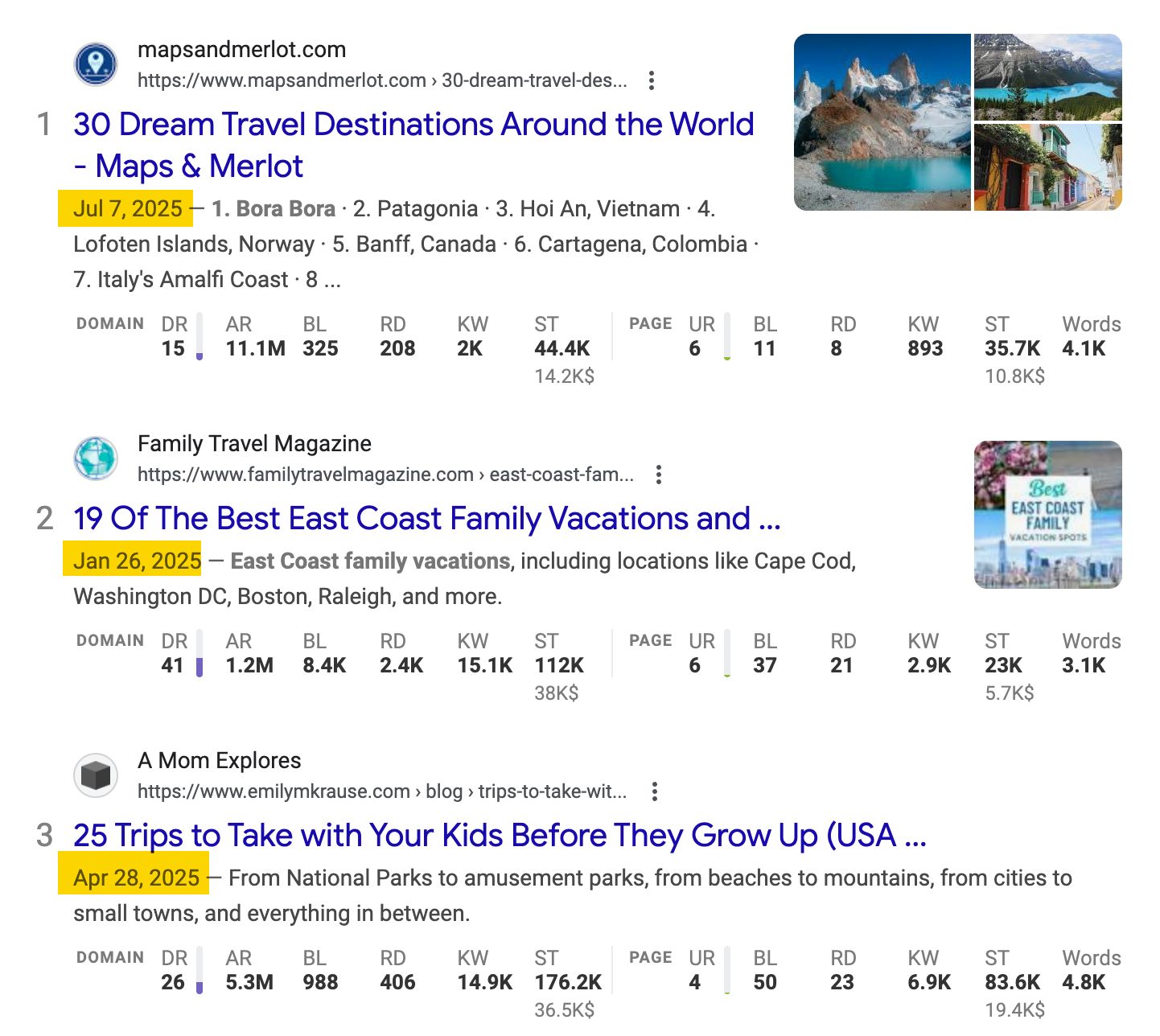 Search results for travel destinations. Top results include blog posts about dream destinations, east coast family vacations, and trips to take with kids.