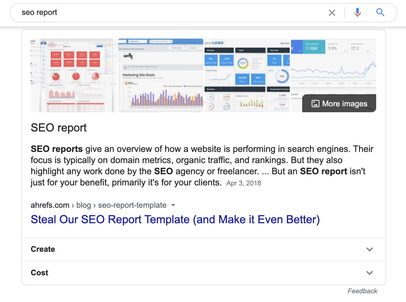 Google search results page for "seo report" showing featured snippet definition, example dashboard images, and link to Ahrefs SEO report template article