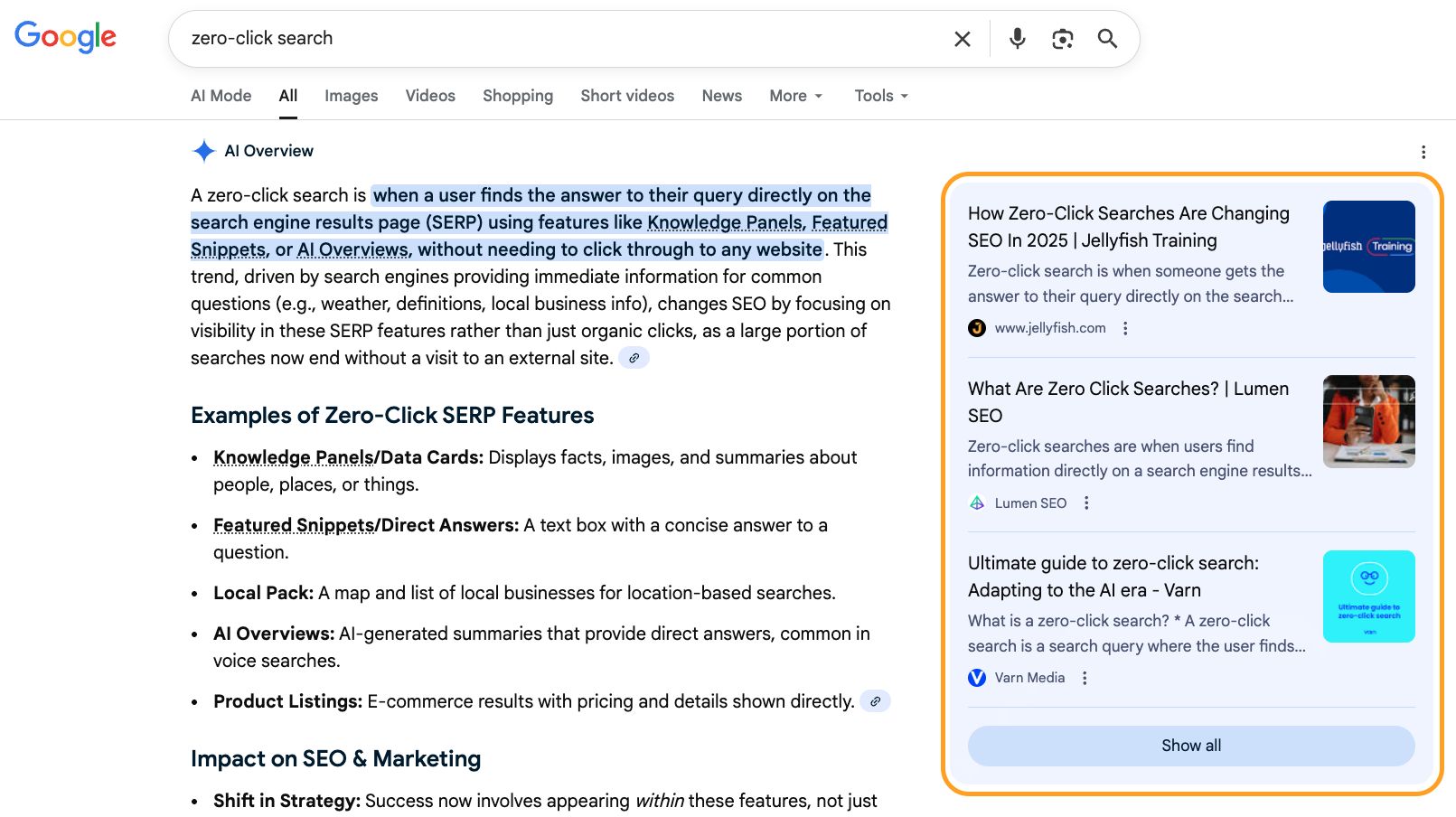 Google search results page for "zero-click search" showing AI Overview definition and 3 examples of AI Overview within a sidebar