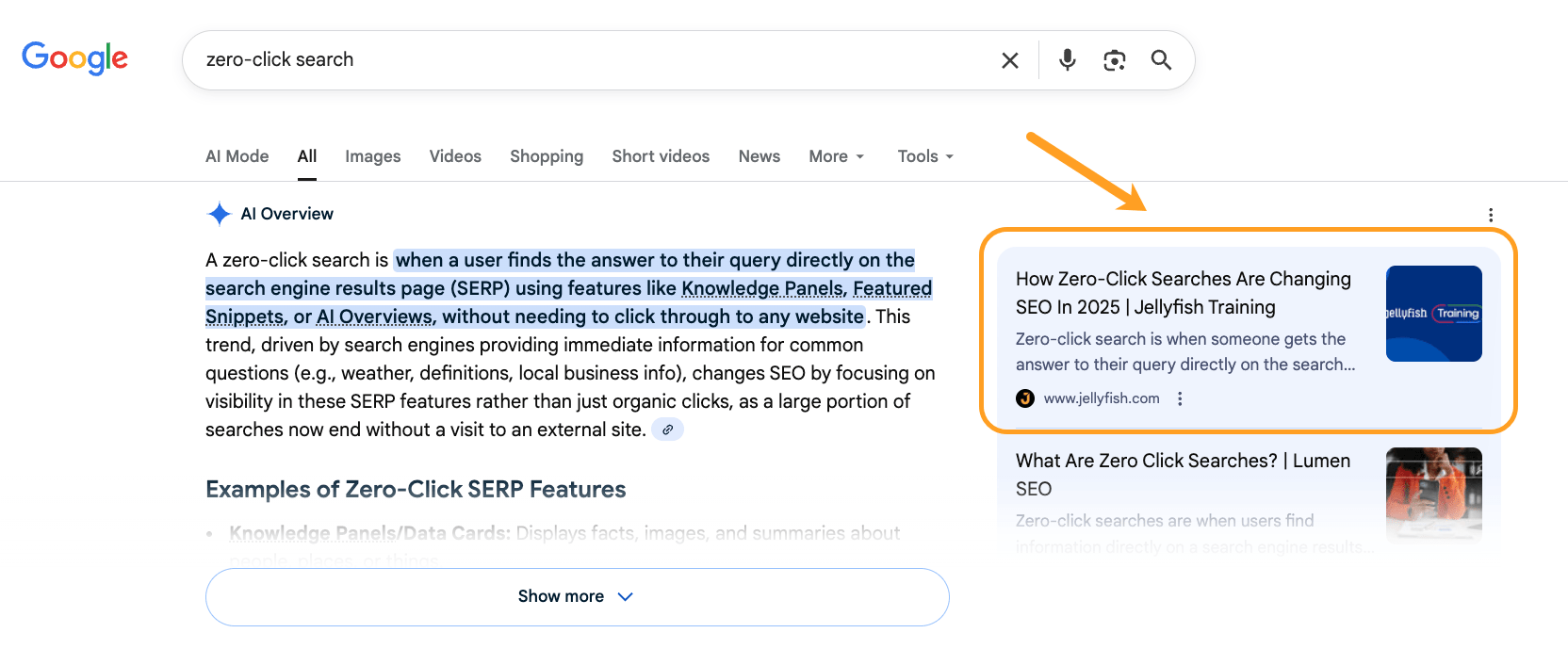 Google search results page for "zero-click search" with AI Overview definition and article links highlighted on right side