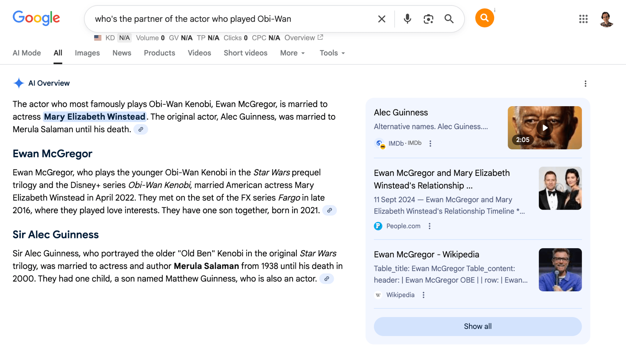 Google search results page showing information about Obi-Wan Kenobi actors' partners: Ewan McGregor married to Mary Elizabeth Winstead, Alec Guinness married to Merula Salaman.