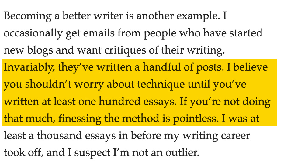 Quote from Scott Young saying how you need to have written at least a hundred essays first