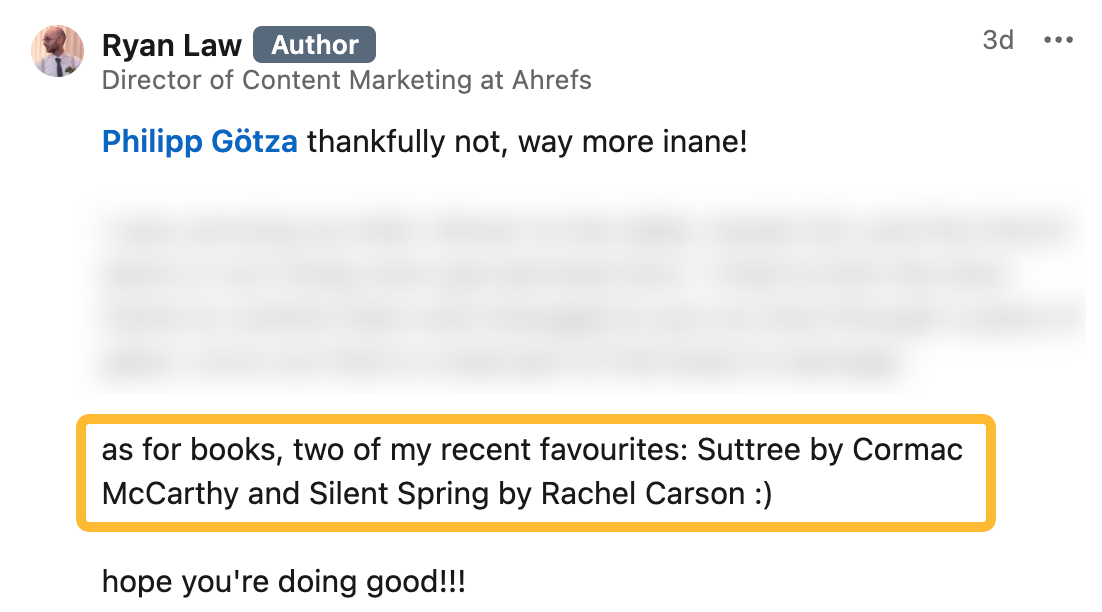 Ryan's comment on Linkedin about his recommended books
