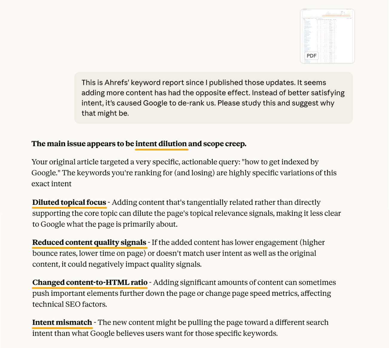 Claude SEO analysis explaining why adding content caused Google ranking drops due to intent dilution and scope creep issues