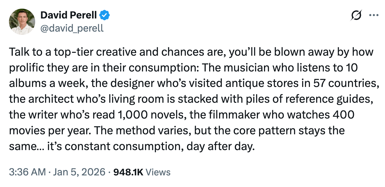 Tweet from David Perell about how creatives are prolific in their consumption