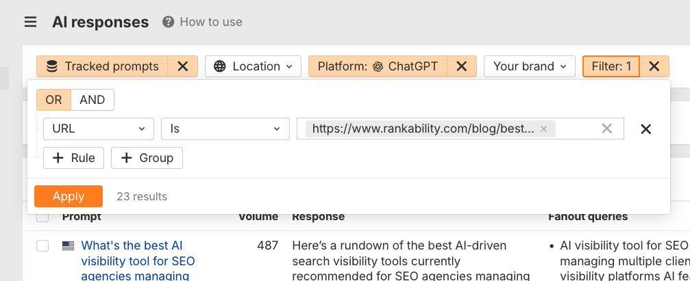 Filter interface showing URL field matching "rankability.com/blog/best..." with ChatGPT platform and tracked prompts selected, displaying 23 results
