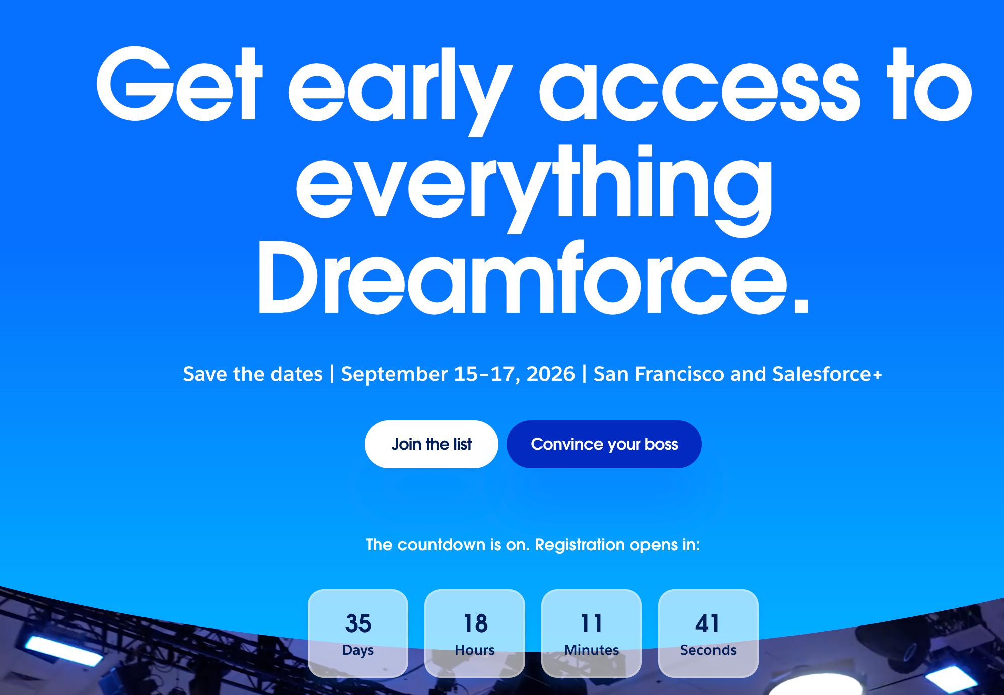 A blue webpage advertises "Get early access to everything Dreamforce." with dates and a countdown timer.
