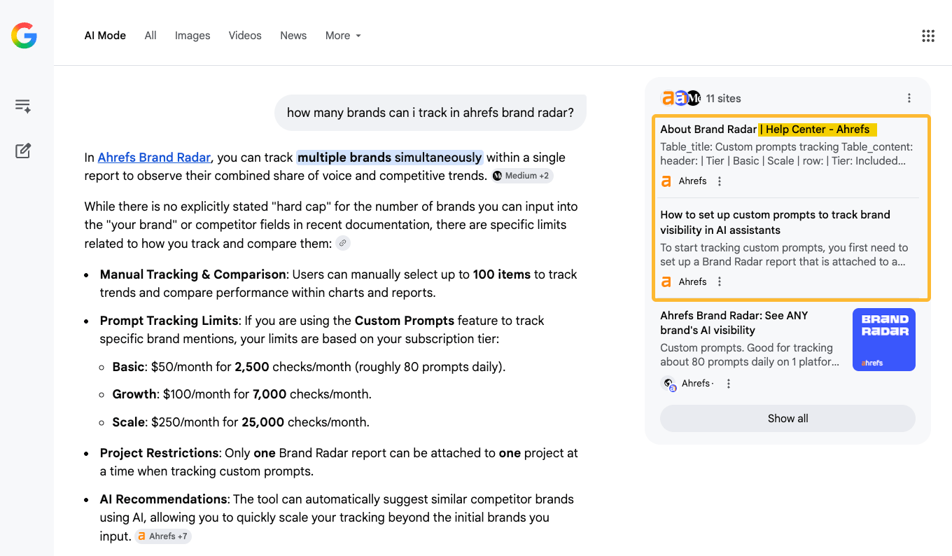 A Google search results page showing a query about Ahrefs Brand Radar and its tracking capabilities.