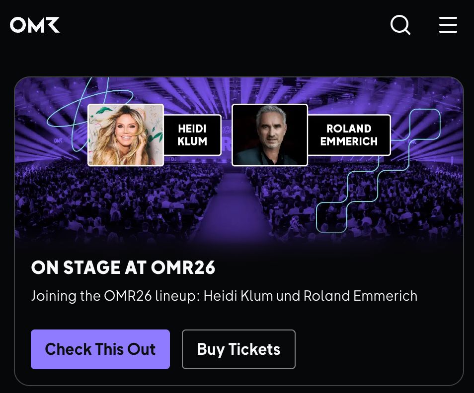 A promotional image for OMR26, featuring Heidi Klum and Roland Emmerich with text "ON STAGE AT OMR26".