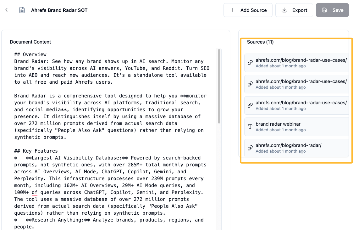 A screenshot of an Ahrefs Brand Radar SOT document, showing "Document Content" and a list of "Sources (11)".