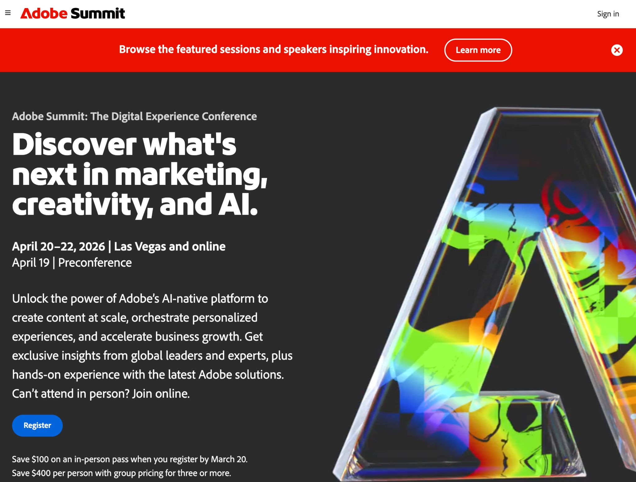 A screenshot of the Adobe Summit website, announcing "Discover what's next in marketing, creativity, and AI" for April 20-22, 2026.