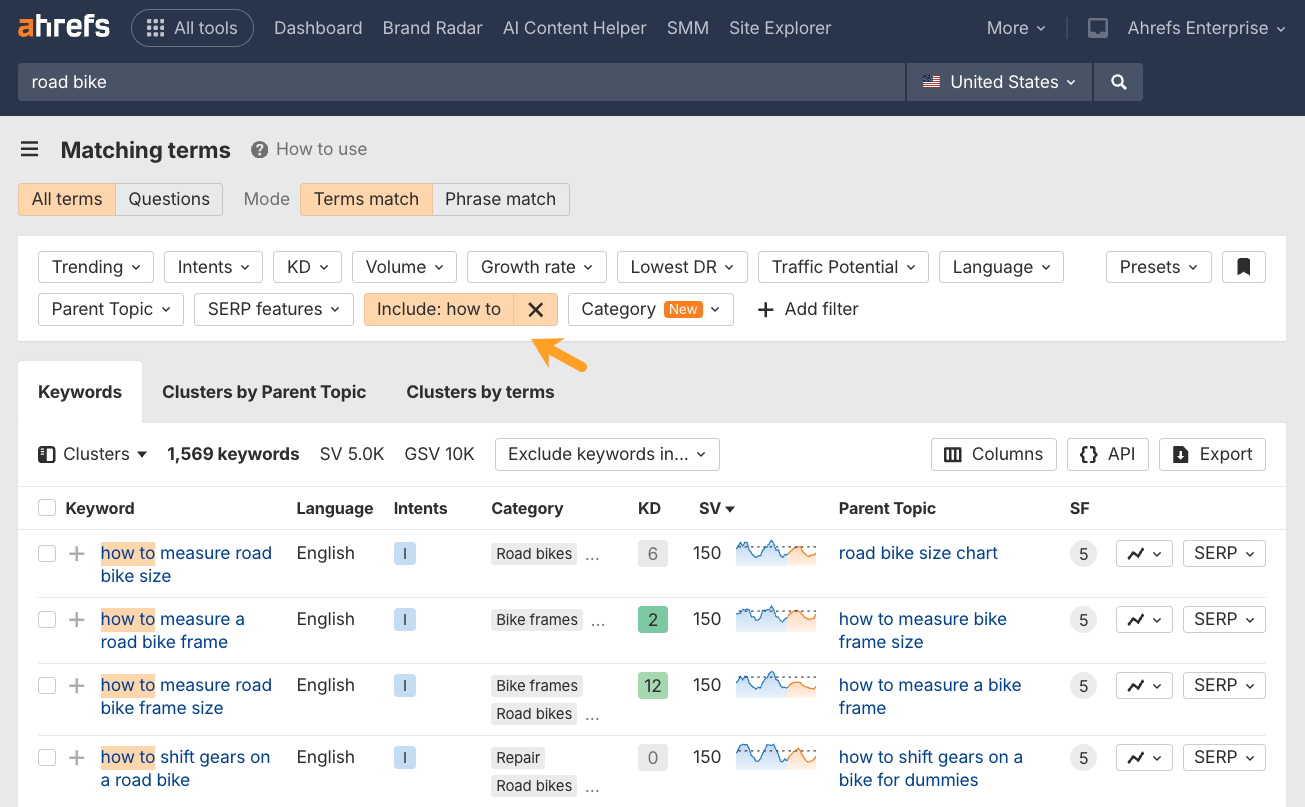 how to" filter applied. The results list 1,569 keywords, all starting with "how to," such as "how to measure road bike size."