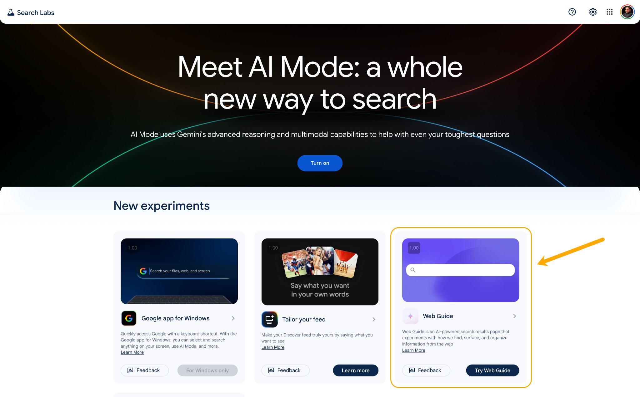 A "Search Labs" webpage showcasing "AI Mode" for search, "Google app for Windows," "Tailor your feed," and "Web Guide."