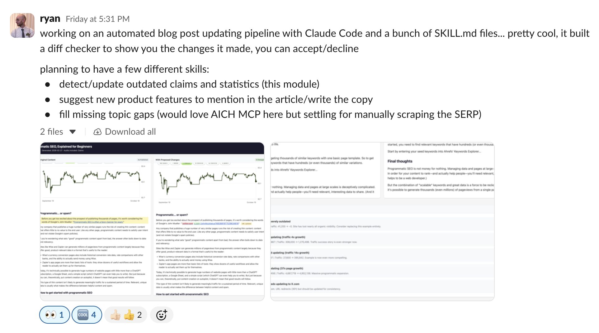 A social media post describes automated blog post updates, listing planned "skills." Screenshots below show "Programmatic SEO" content and analytics graphs.