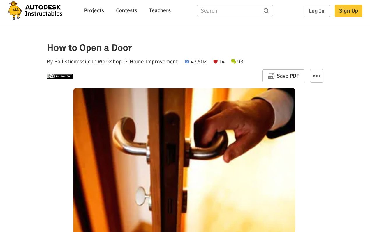 A user interface for Instructables titled "How to Open a Door," displaying a hand gripping a modern door handle.