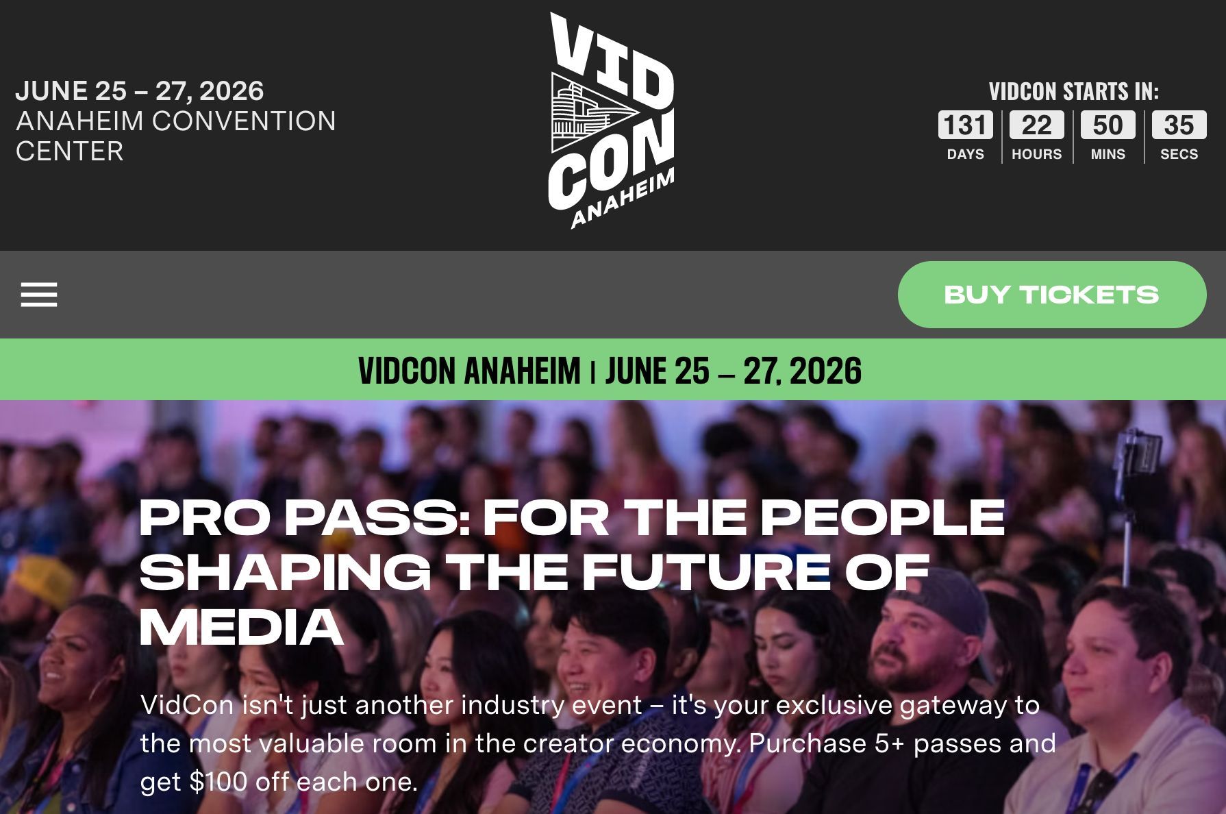 A web advertisement for VidCon Anaheim, June 25-27, 2026. A countdown shows 131 days, 22 hours, 50 mins, 35 secs. Text: "PRO PASS: FOR THE PEOPLE SHAPING THE FUTURE OF MEDIA."
