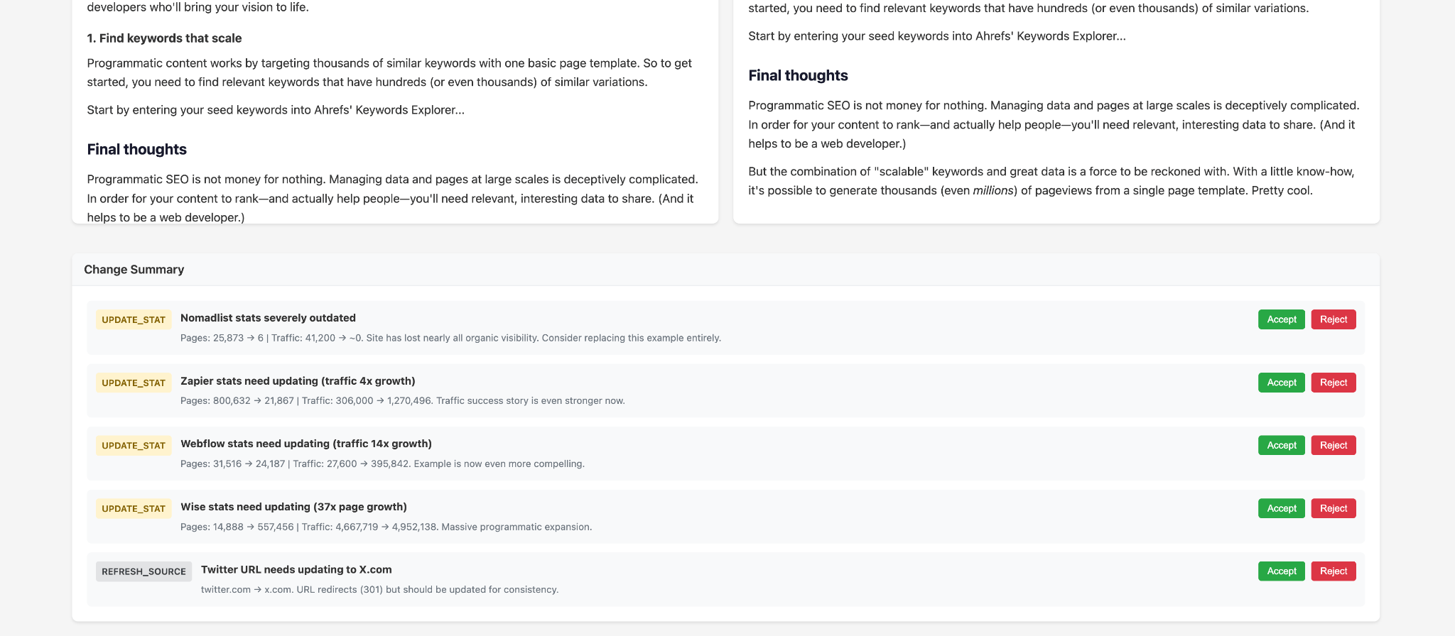 A web page showing text about programmatic SEO and a "Change Summary" section with updates for various company stats.