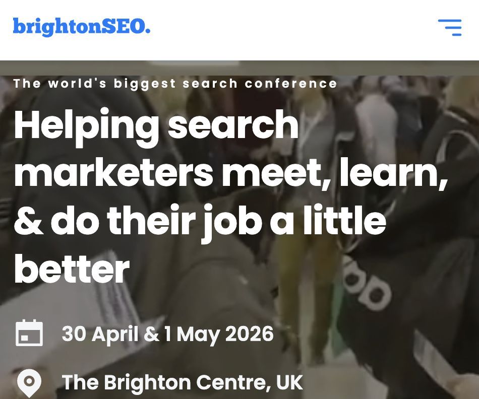 BrightonSEO conference information on a dark, out-of-focus background of people. Text details the event and dates.