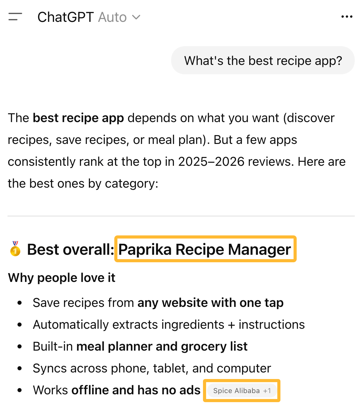 ChatGPT screenshot recommending Paprika Recipe Manager as best overall recipe app with features like one-tap saving and meal planning