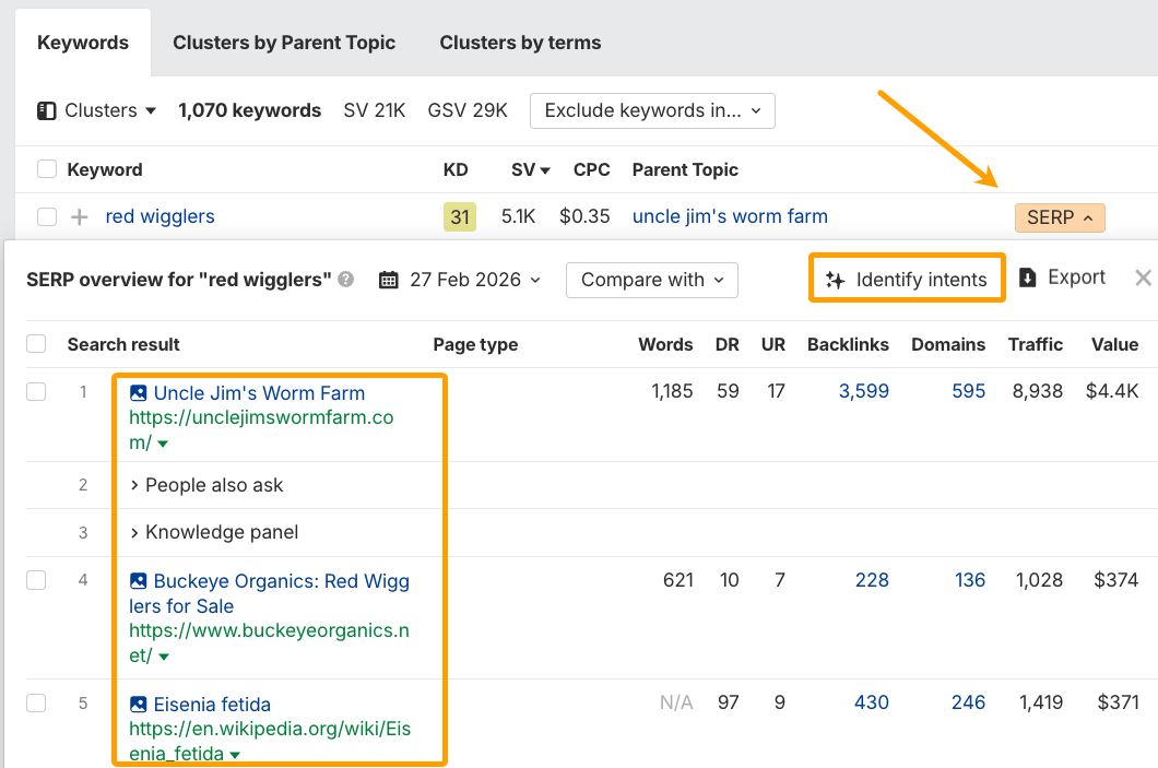 Expanding search results for a keyword in Ahrefs' Keywords Explorer