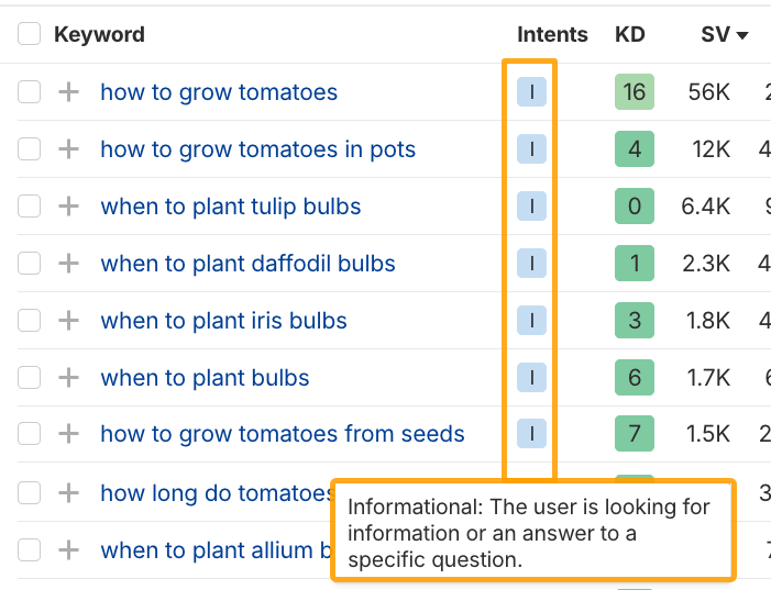 List of informational keywords about gardening, like "how to grow tomatoes"