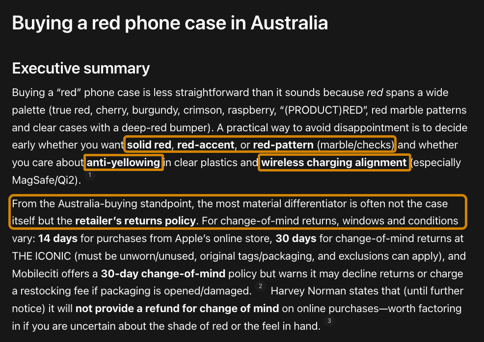 Snapshot of ChatGPT Deep Research for the query "buy red phone case" with examples of implicit context highlighted like specifying exact shades of red, features like anti-yellowing and wireless charging alignment and more.