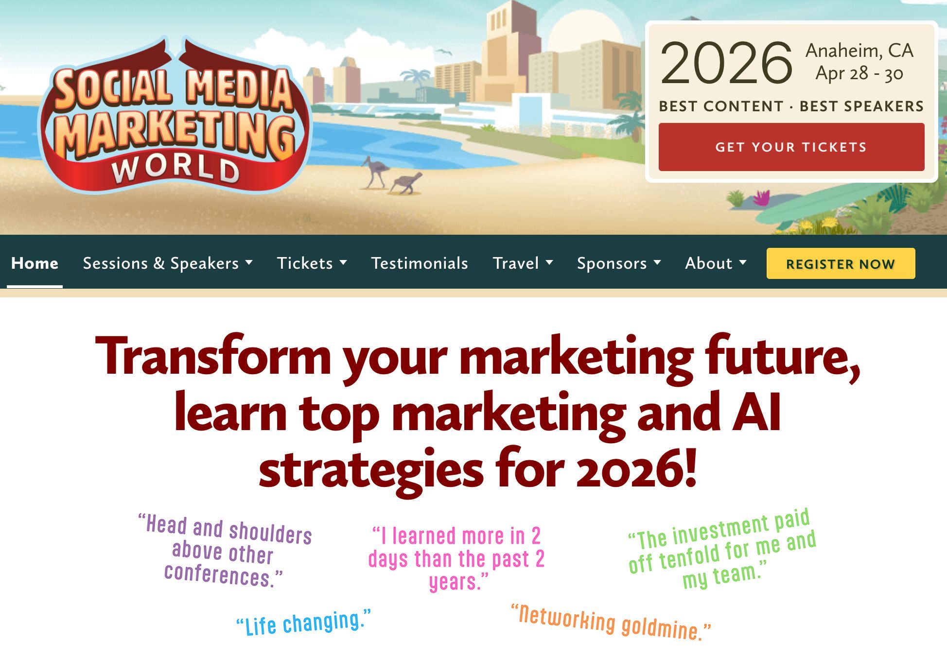 Website screenshot for "Social Media Marketing World 2026." Features event details, navigation, and marketing strategies.
