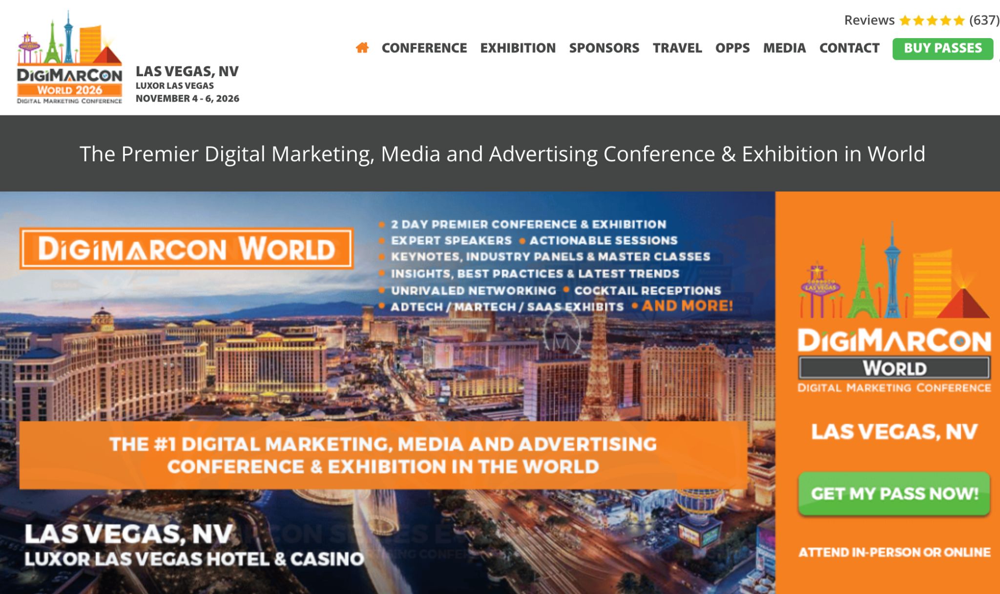 Website screenshot for the DigiMarCon World digital marketing conference in Las Vegas, November 4-6, 2026.
