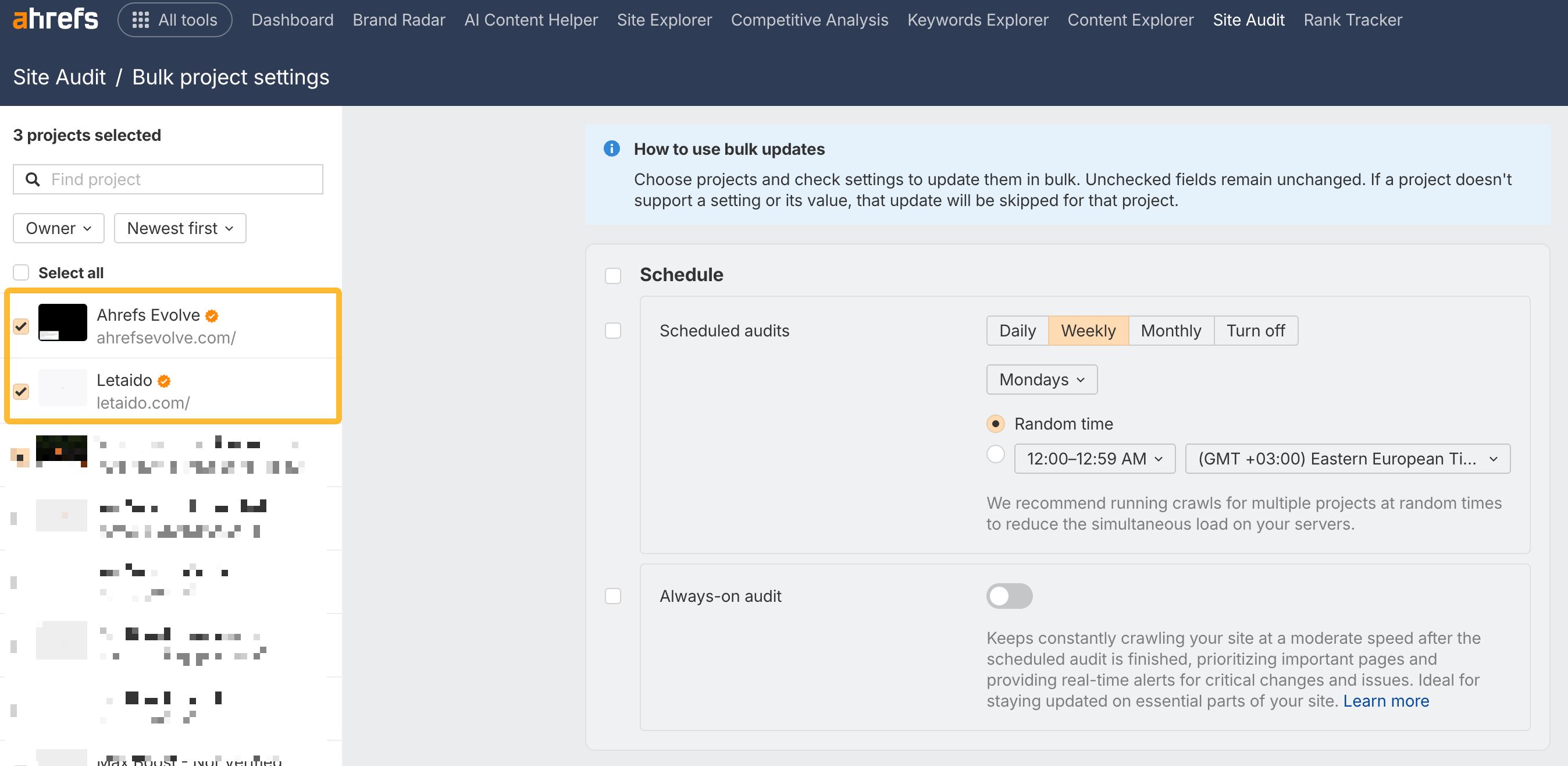 Bulk project settings in Site Audit