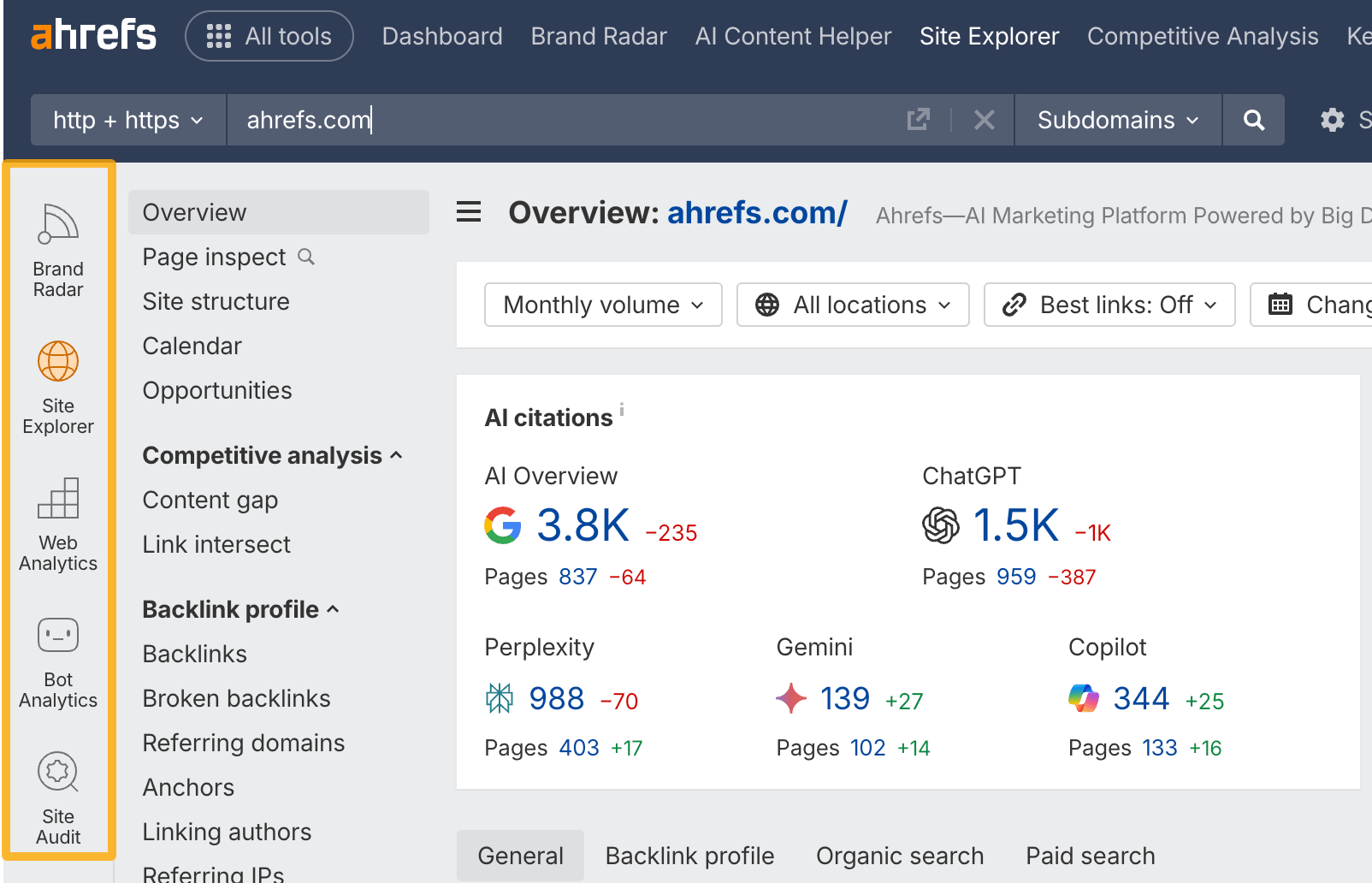 Navigation bar in Ahrefs