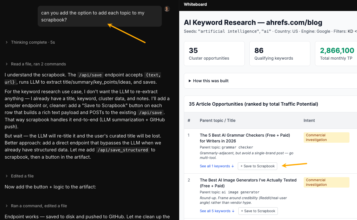 A screenshot demonstrating the iterative capability of the AI. The user asks to add an option to save topics to a "scrapbook." The AI explains its technical plan to add a /api/save_structured endpoint and shows a new "+ Save to Scrapbook" button appearing next to a keyword cluster in the whiteboard.