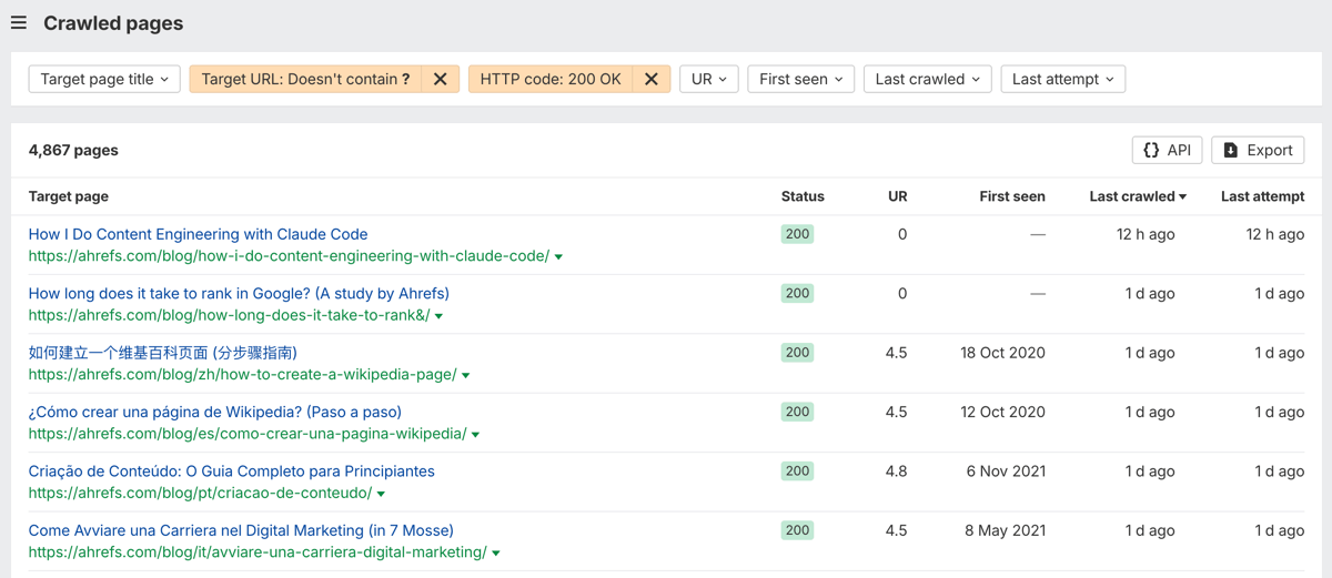 site explorer crawled pages report