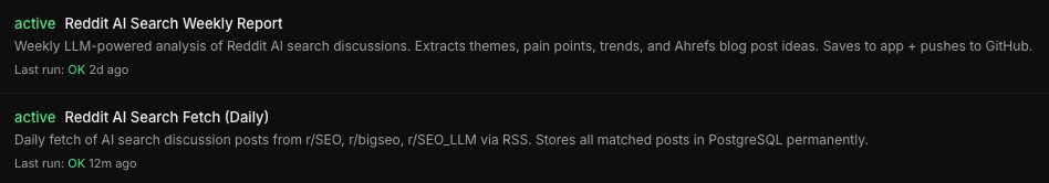 A cron-style automated background task monitor page displaying scheduled run logs and success triggers for daily and weekly keyword listening reports.