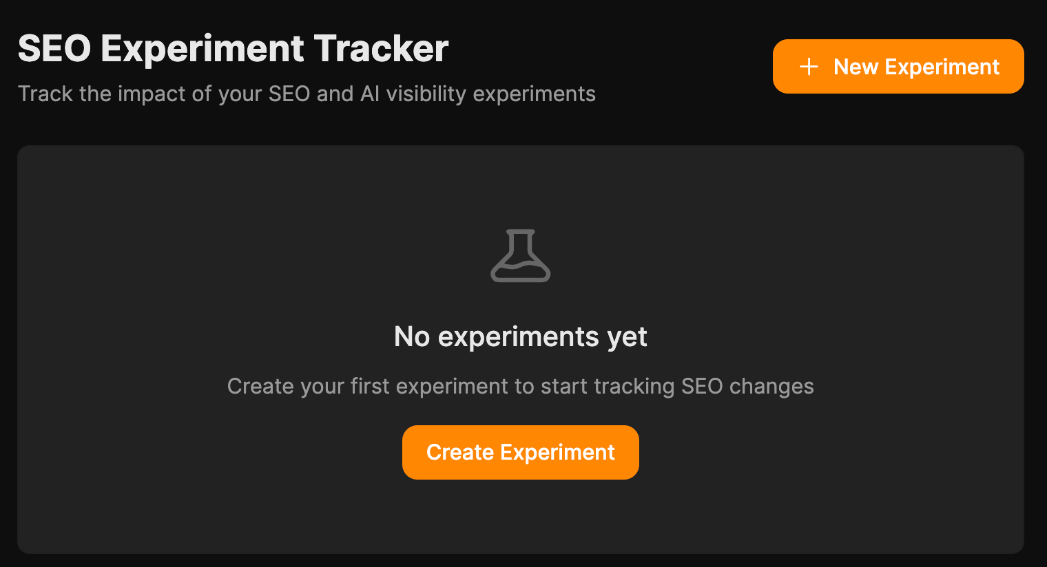 A dashboard for an SEO Experiment Tracker with no experiments yet, prompting the user to create their first experiment.